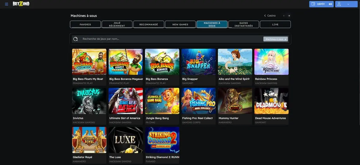 Interface du site Betzino Casino